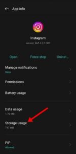 Tap Storage Usage in the App Info window.