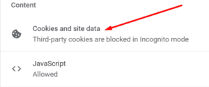 Then scroll down to Content, then choose Cookies and site data. cookies and site data google Chrome